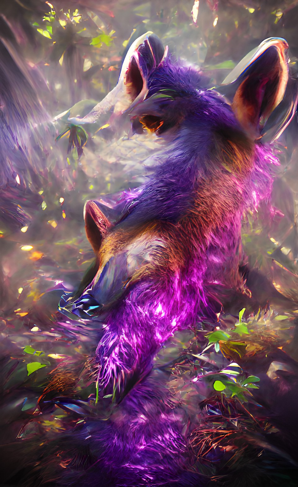 Forest FoxBearPig - purple fox in forest space dust particles volumetric morning sun light hd preview