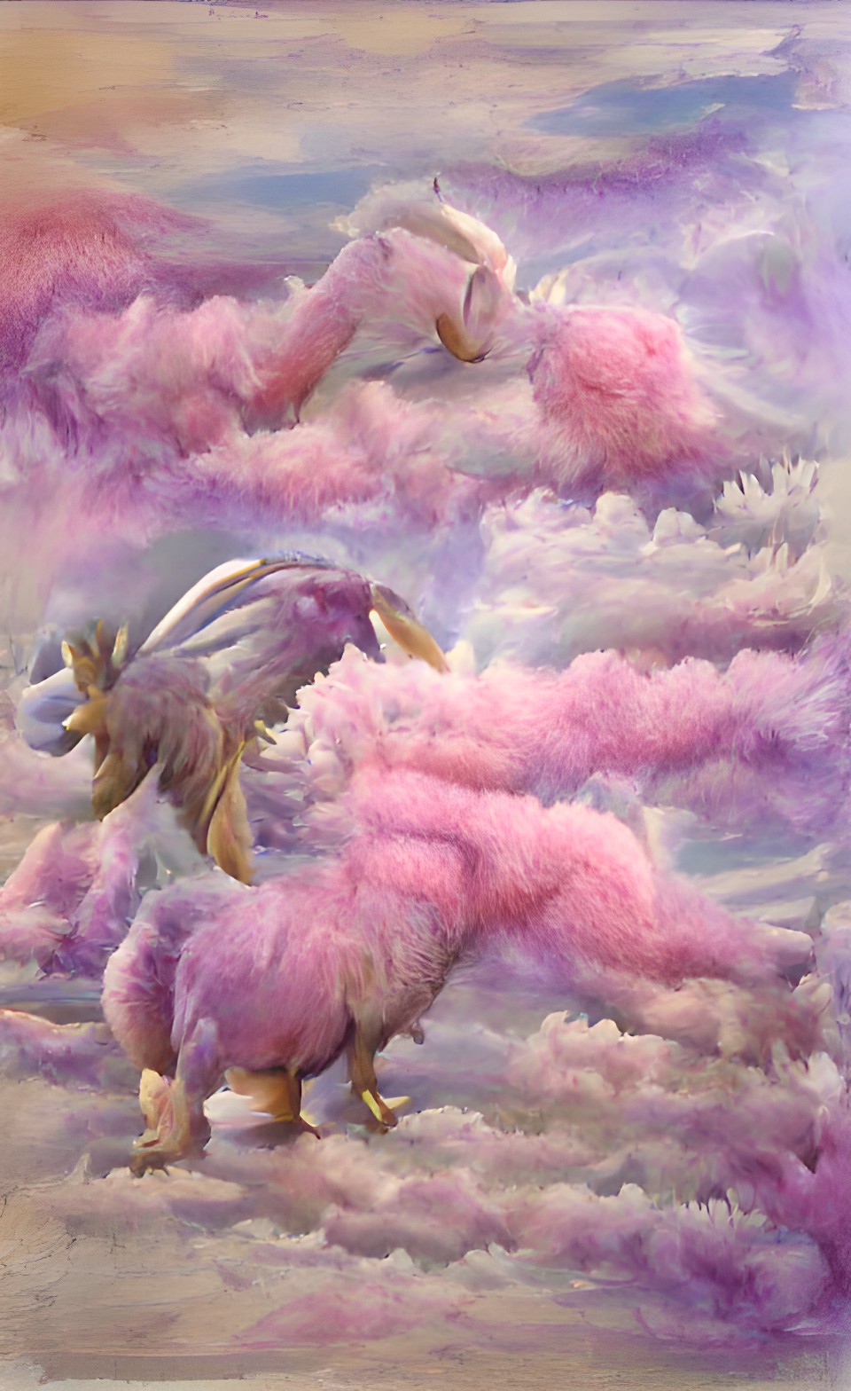 A drug from god - fluffy large pink flying pegasus with wings spreading above pastel lavender clouds preview