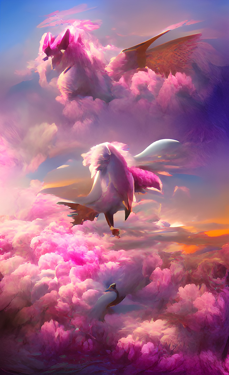 A drug from god - fluffy large pink flying pegasus with wings spreading above pastel lavender clouds preview