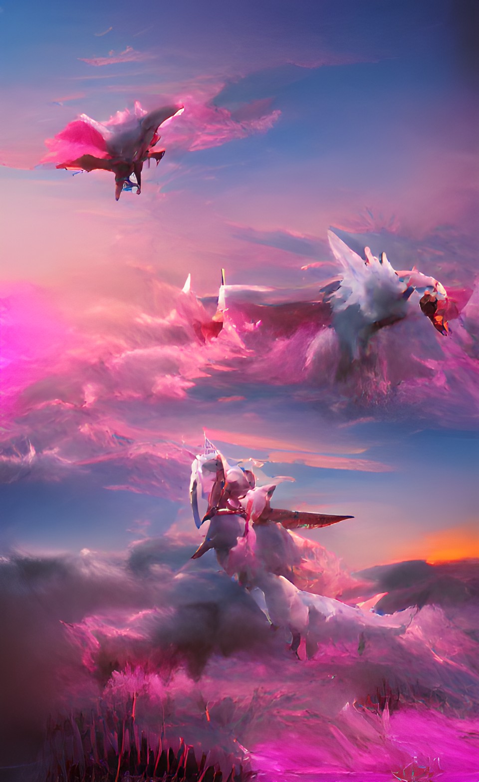 A drug from God - 1 large pink pegasus with wings spreading + pastel lavender sky + 2 white crosses preview