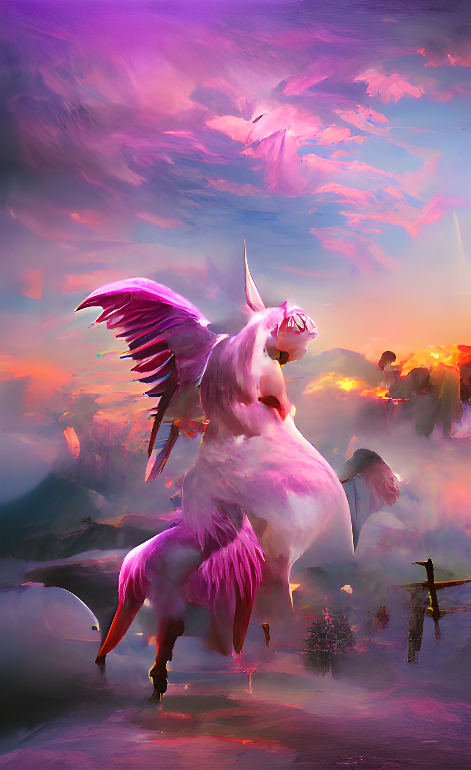 A drug from God - 1 large pink pegasus with wings spreading + pastel lavender sky + 2 white crosses preview