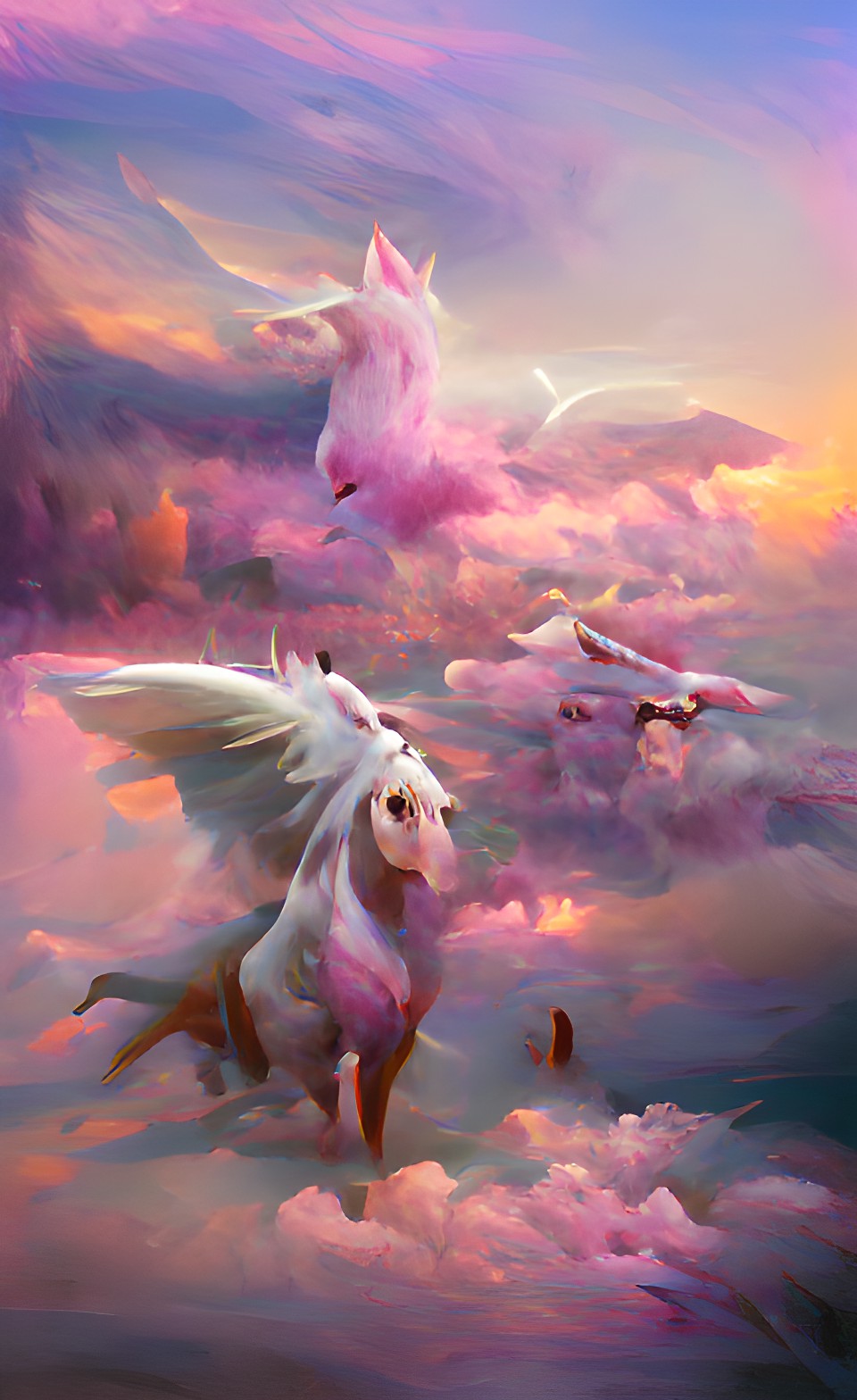 A Drug From God - a light pink pegasus flying in a pastel lavender sky with floating white crosses preview