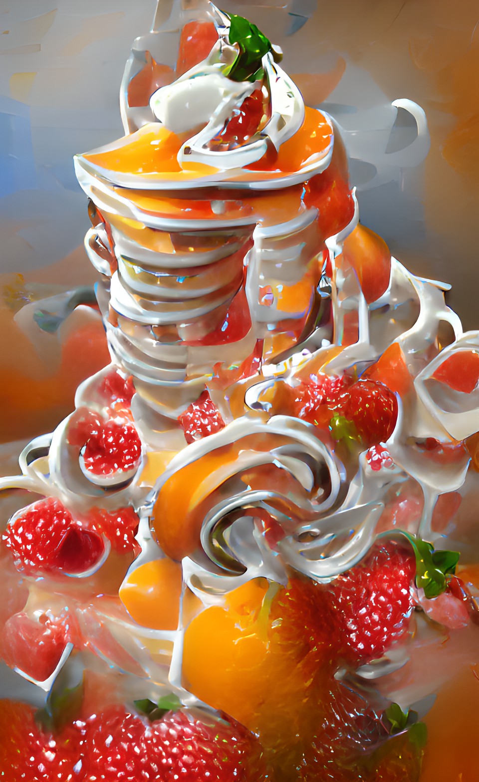 Juices flowing - detailed strawberry spiral tower with sugar and cream on top, silverware and orange juice tsunami preview