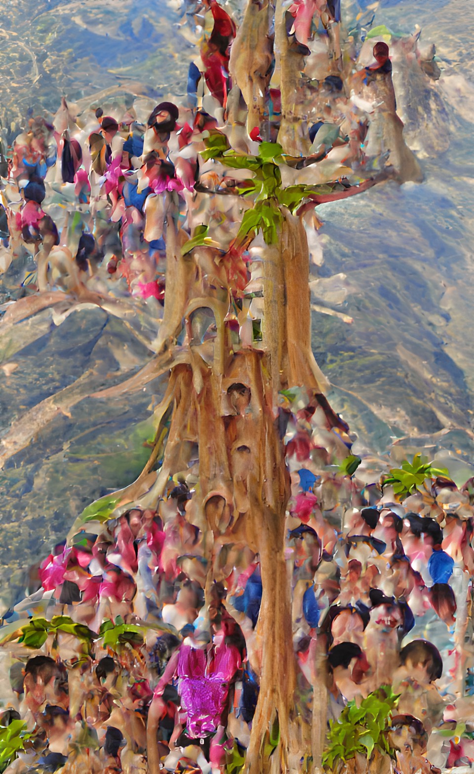 tall tree, joyful crowd, church congregation, mountain, growing, climbing, crucifixion preview