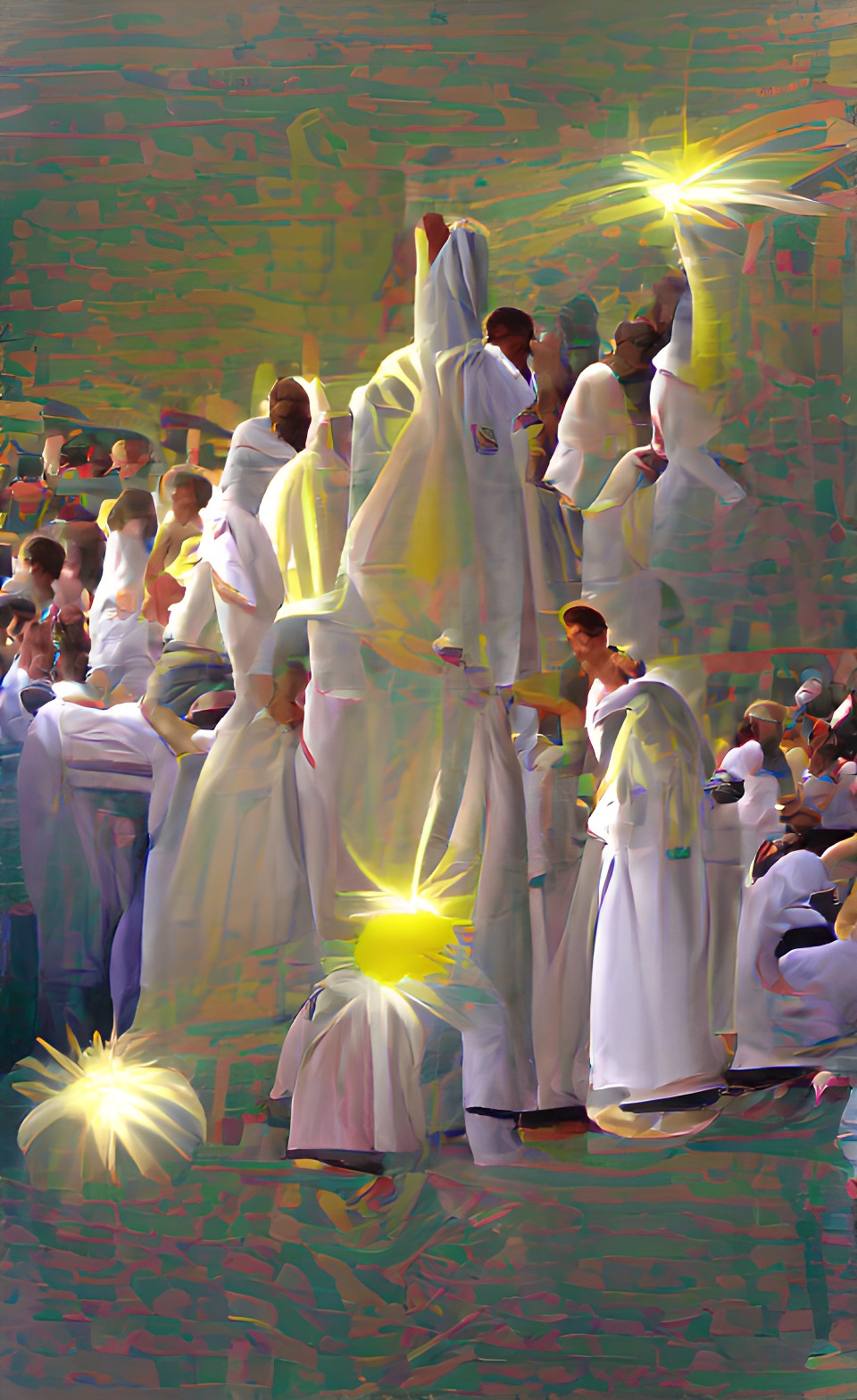 bright glorious light shining down on a crowd in white robes preview