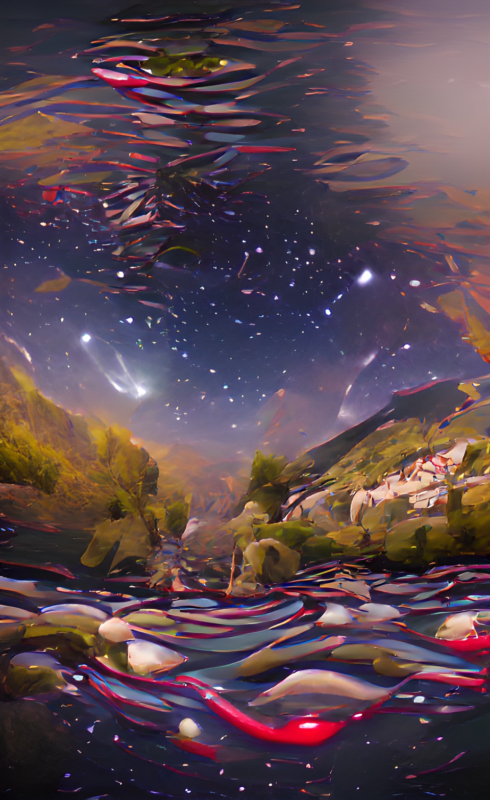 Homeland - wide angle | galaxies and stars reflected in a river in the french mountains | 8k hd preview