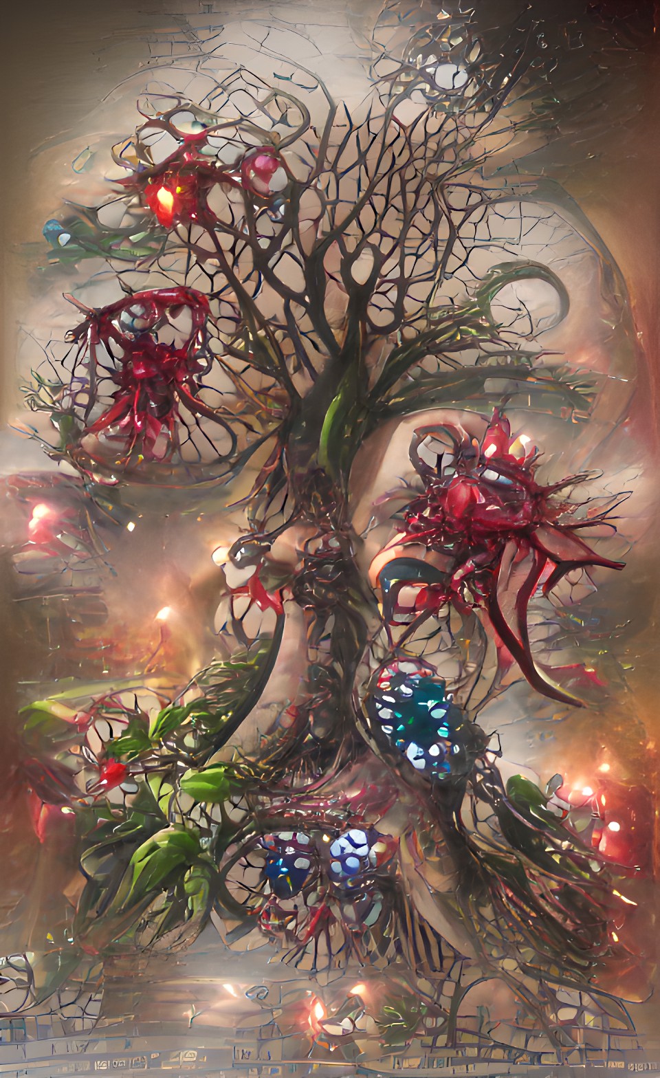 evil mystic fractal tree of life +red-eyed tree frogs, rubies, glow worms | kinkade 8k hd preview