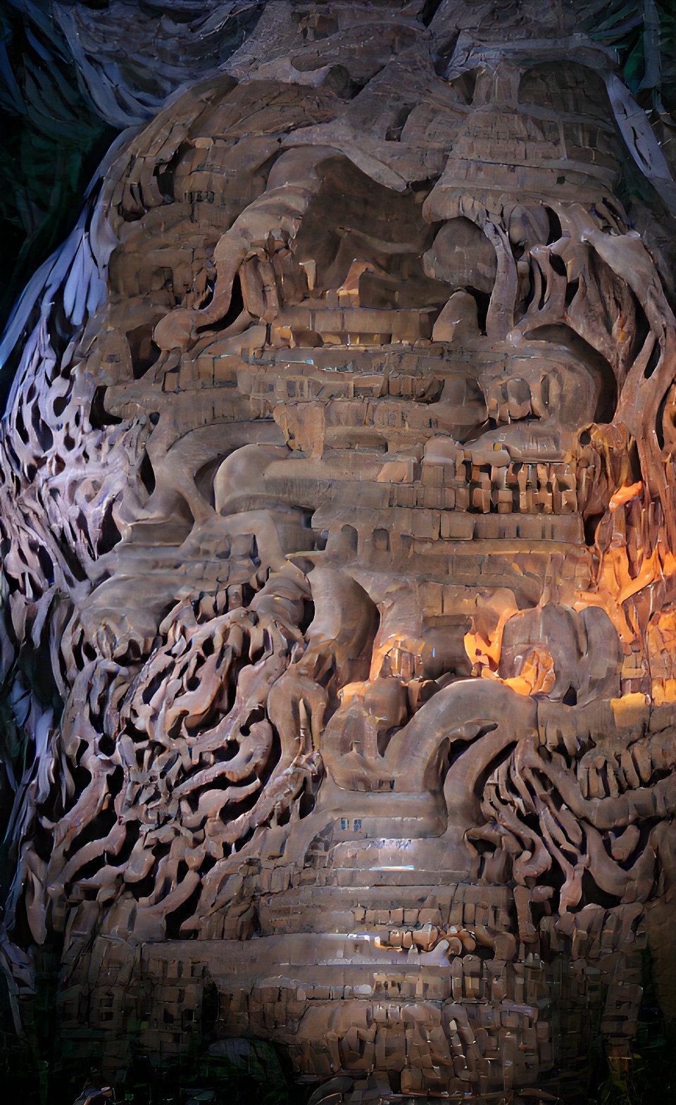 a giant stone form covered in carvings, with dramatic lighting preview