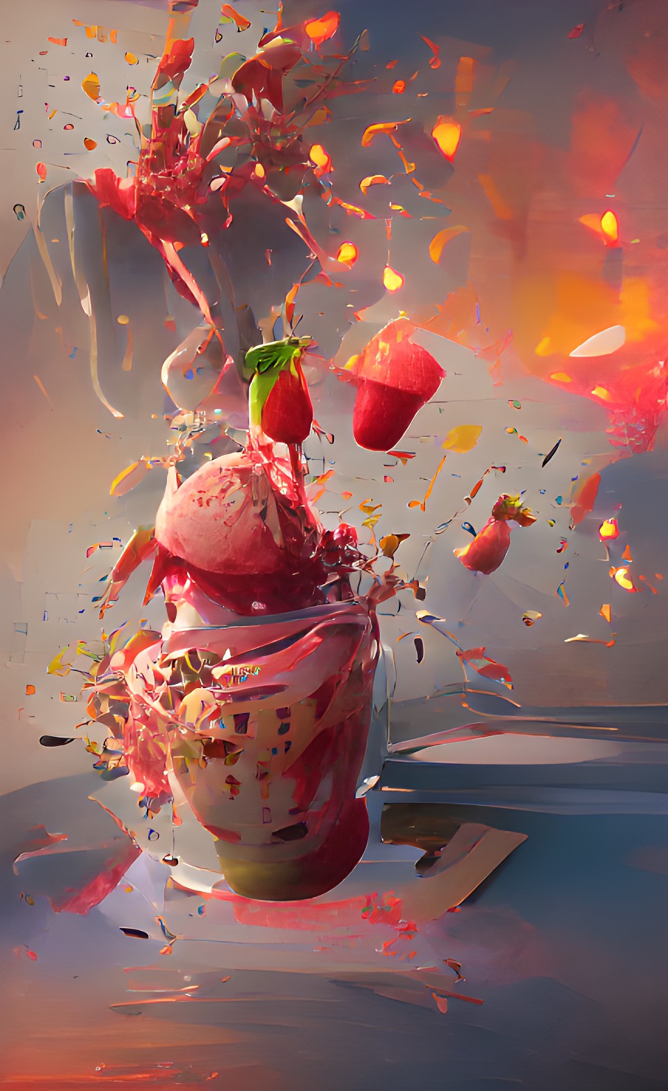 exploding strawberry milkshake at a bright art gallery | trending on artstation, maya hd preview