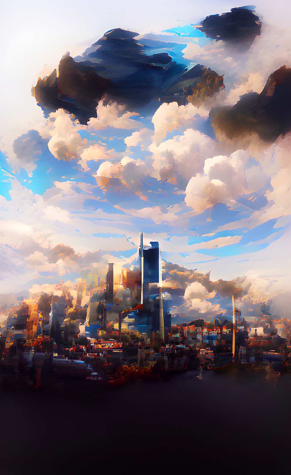 Custom Emitter - a city, blue sky and fluffy clouds | realistic, deviantart 8k, hd preview