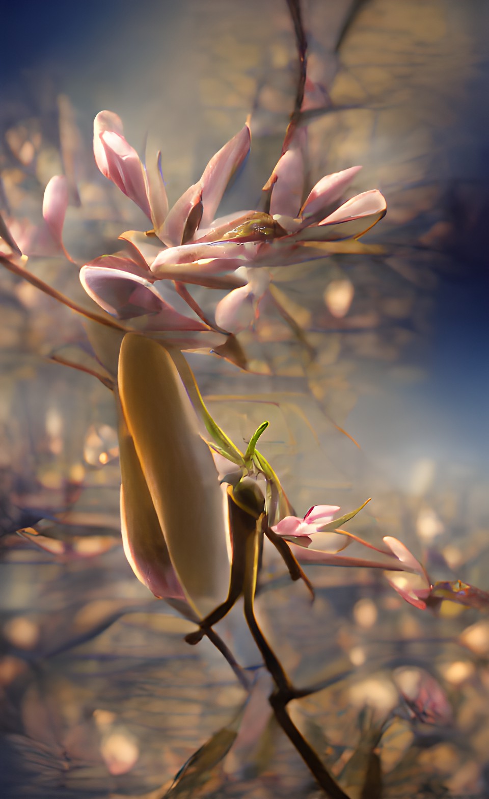 closeup magnolia, praying mantis bokeh soft focus preview