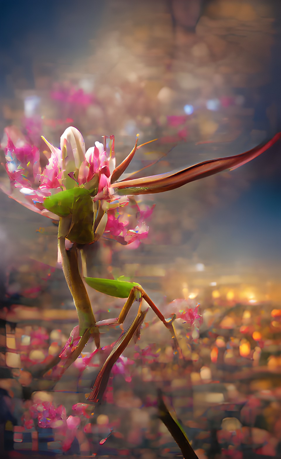 MicroCreature - closeup blossom, praying mantis bokeh soft focus preview