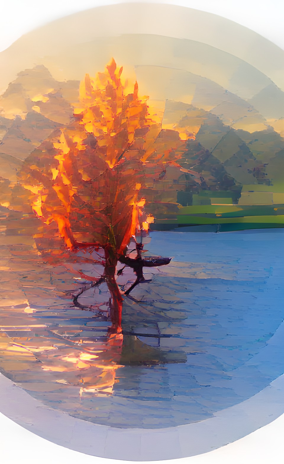 tree, lake, fire, sunshine preview