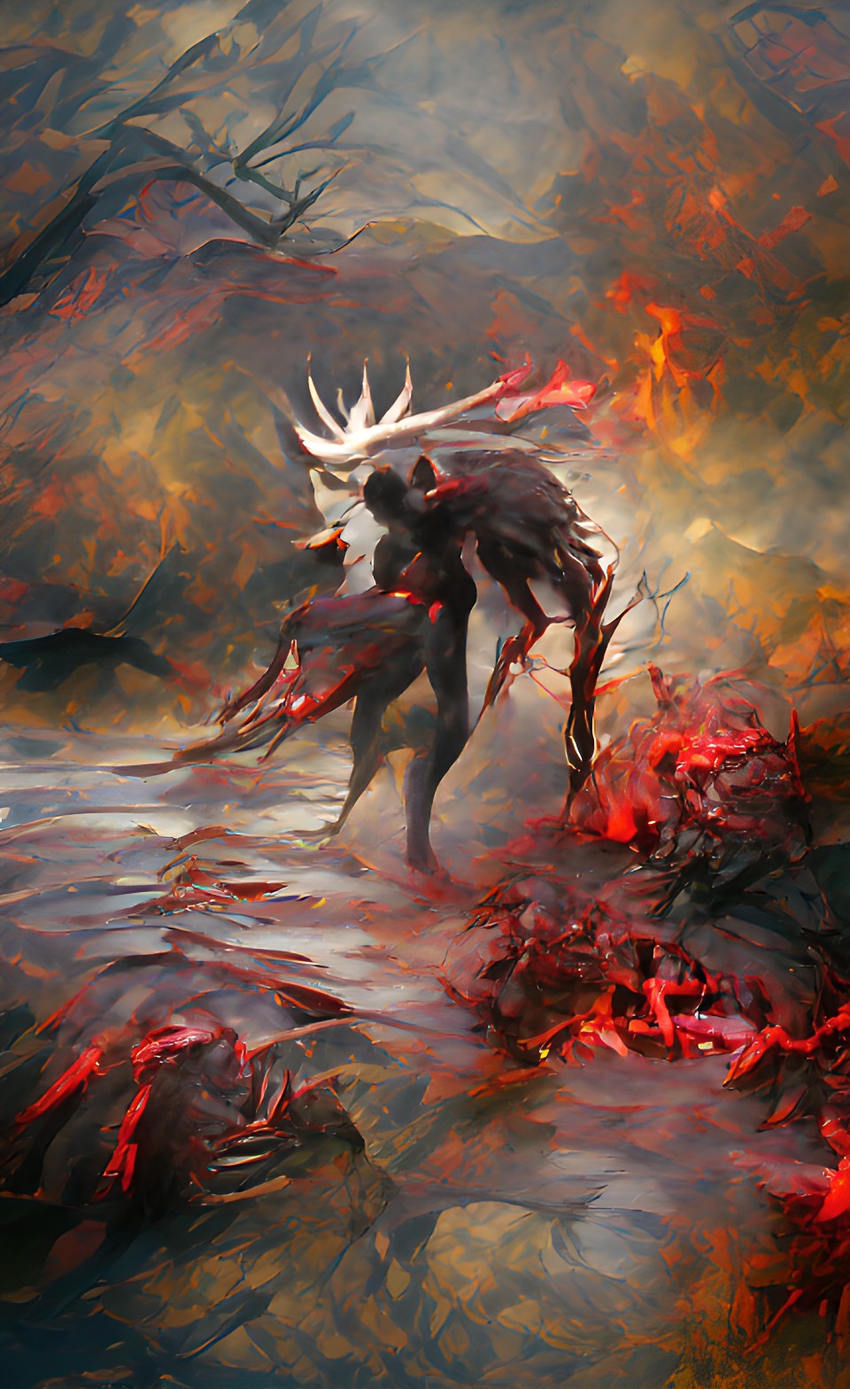 wendigo in hellfire hellish landscape bone spikes flesh fire river of blood preview