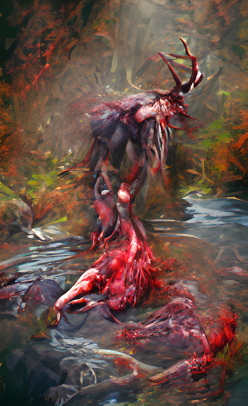 wendigo bloody flesh river in frozen forest rotting flesh and bone preview