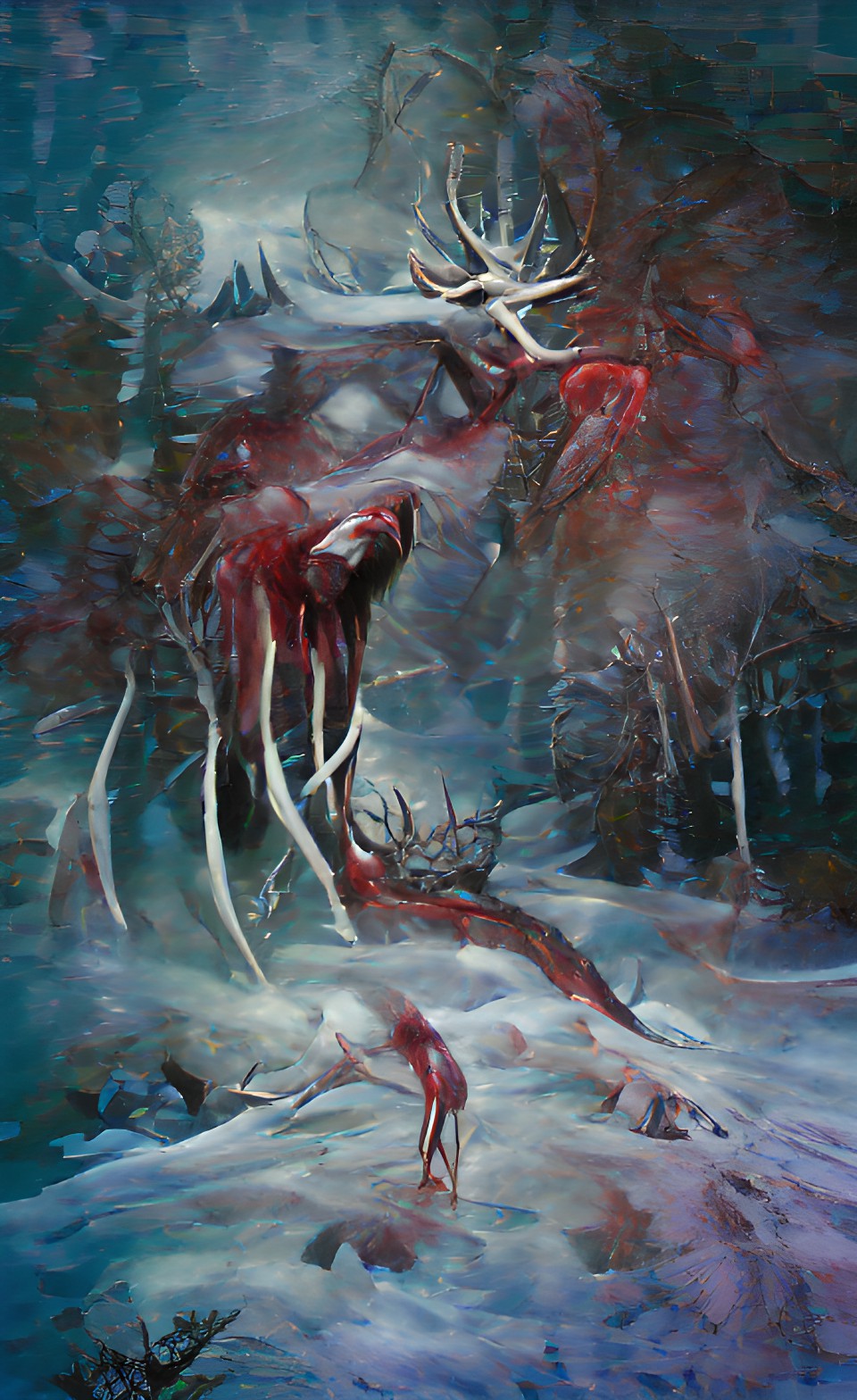 wendigo in frozen snowy forest with river of blood and flesh with bones preview