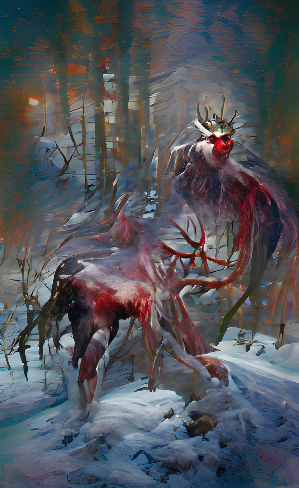 wendigo in frozen snowy forest with river of blood and rotting flesh and bone preview