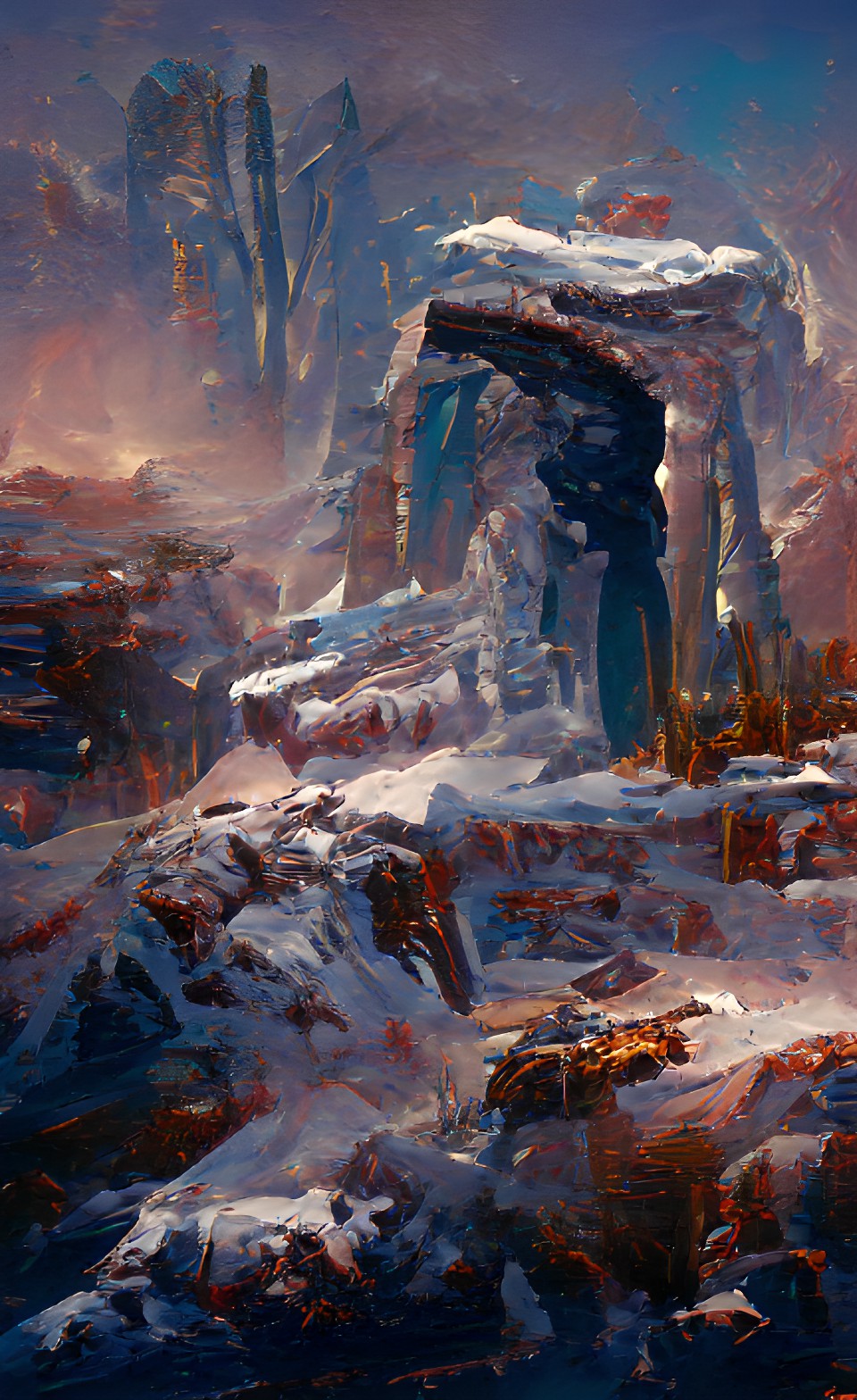 decrepit rocky portal to a galaxy in forest of snow and ice preview