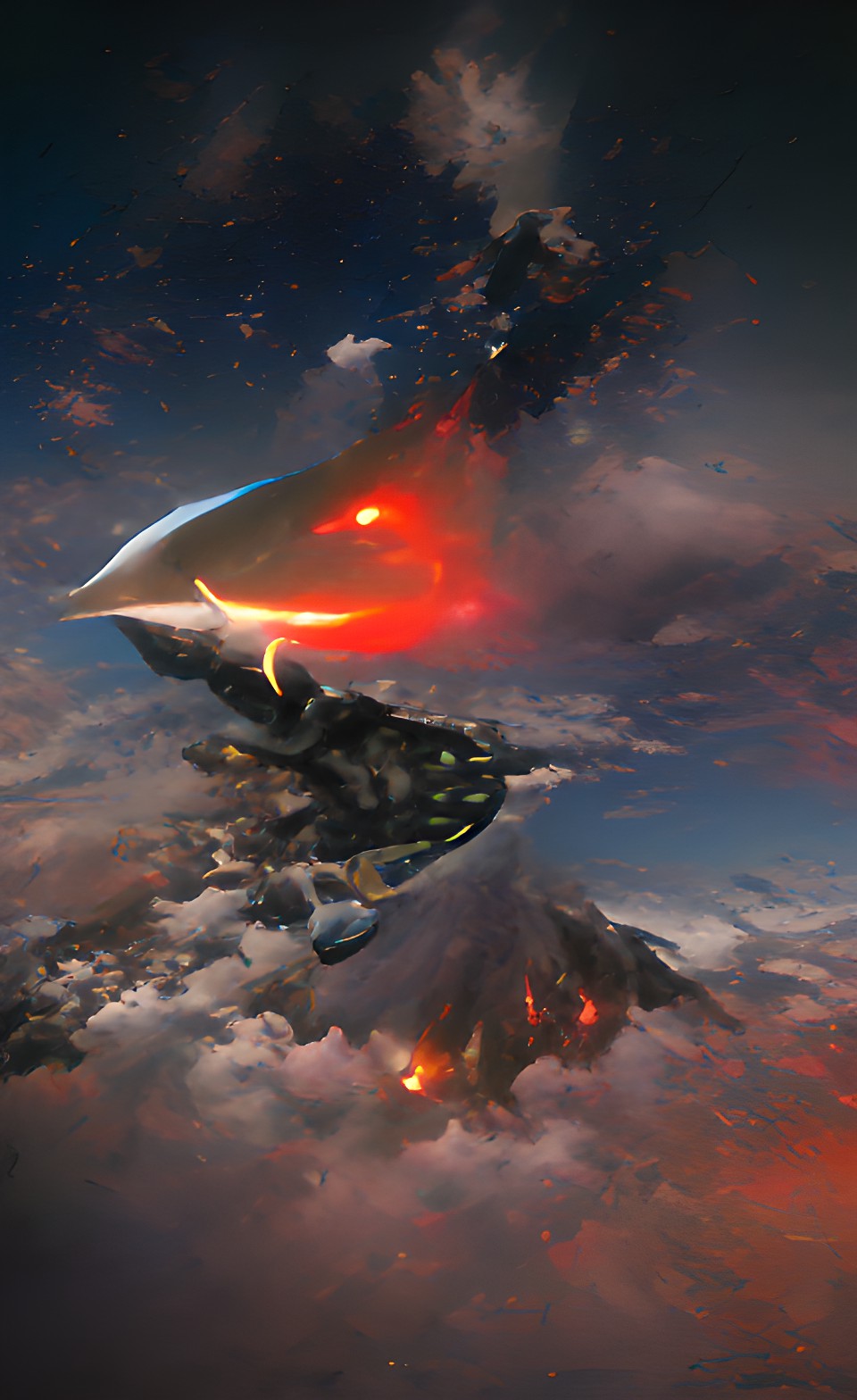 crashing space ship over erupting volcano with night sky preview