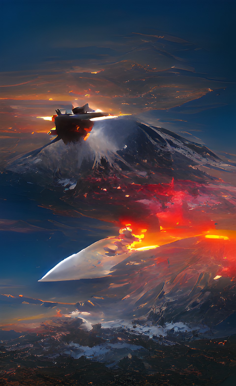 crashing spaceship over erupting volcano with night sky and a sun preview