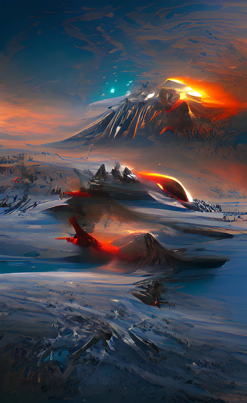 crashing spaceship on ice planet with erupting volcano and night sky preview