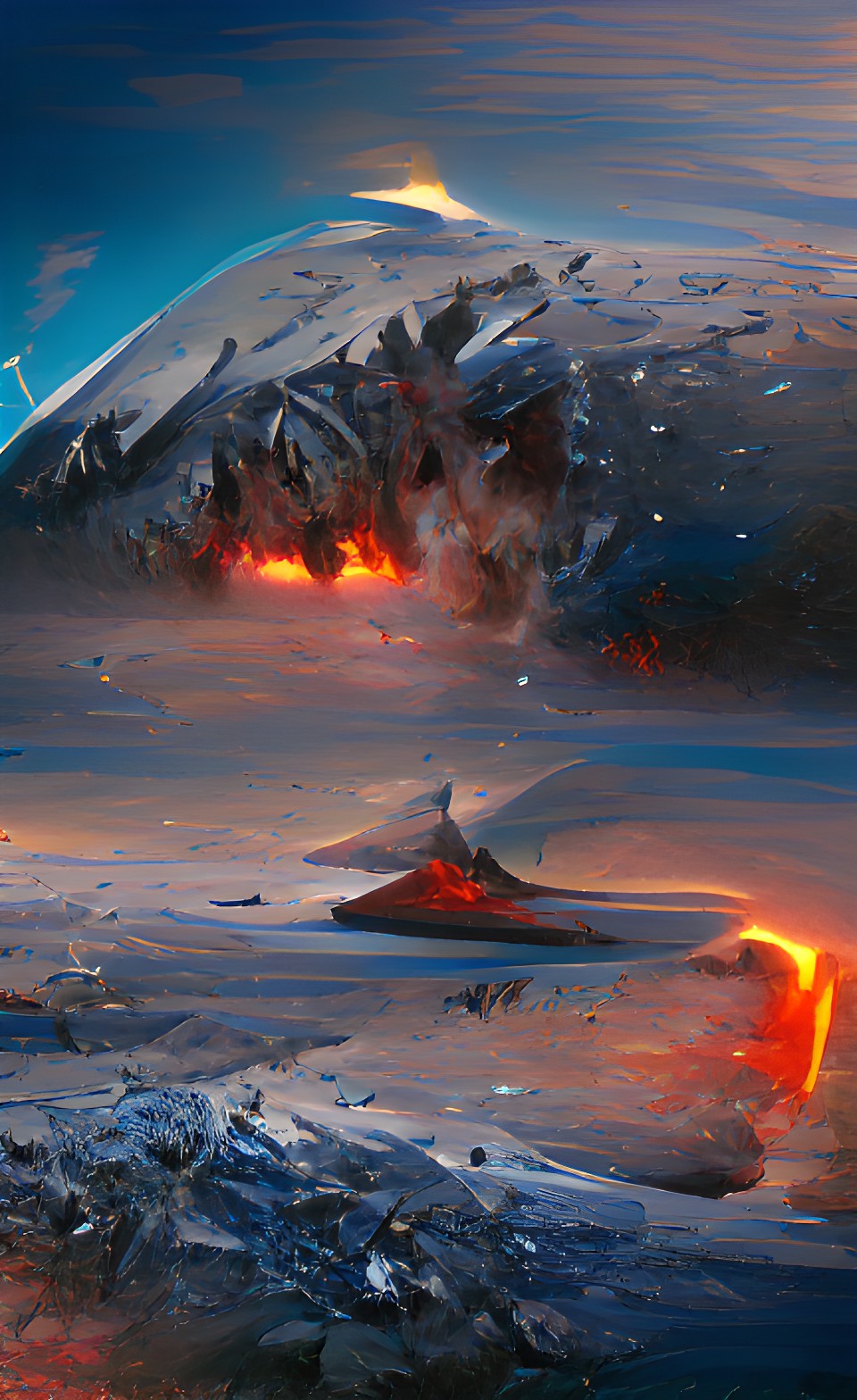 crashing spaceship on ice planet with erupting volcano and night sky preview