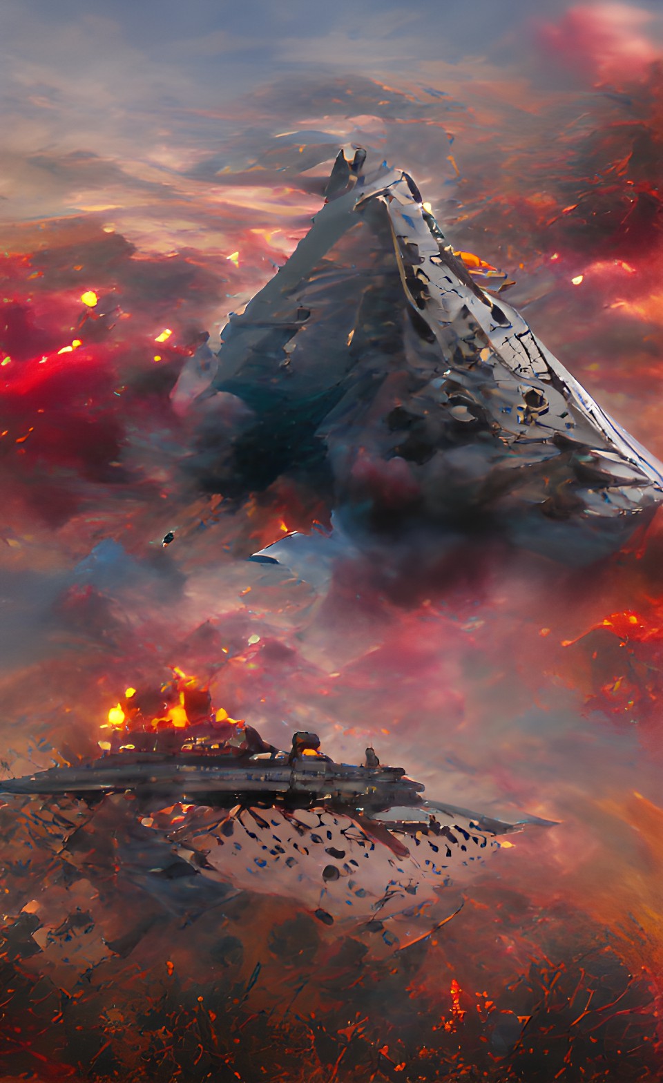 venator star destroyer crash lands on rocky planet with galaxy sky fire preview