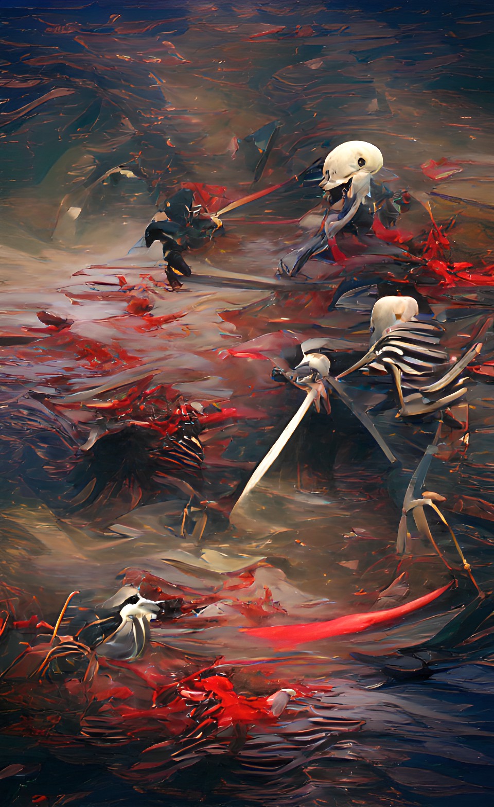 grim reaper fighting bloody skeletons in hell with scythe river of blood preview