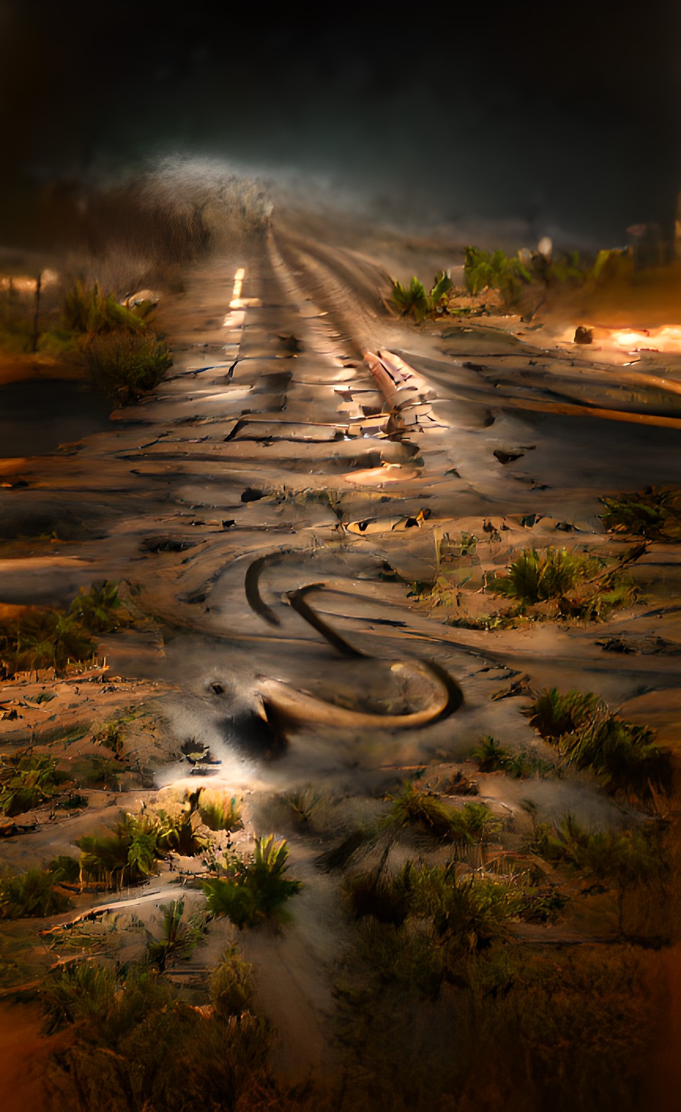 Crossroad - dark dixieland gritty dust road at night with tire tracks 8k resolution preview