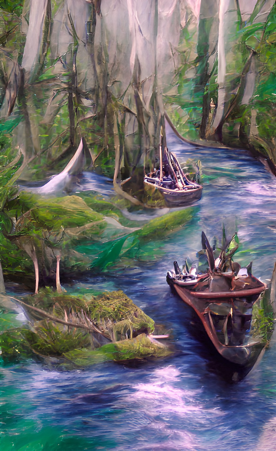 the magical boat was sailing down a river, through the elven forest preview