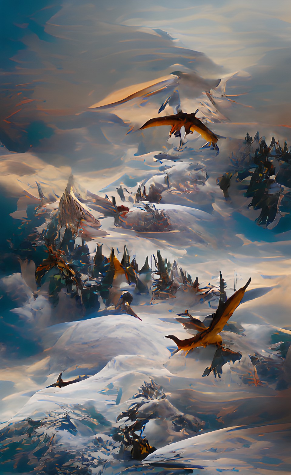 dragons flying over mountain of snow and ice and forest preview