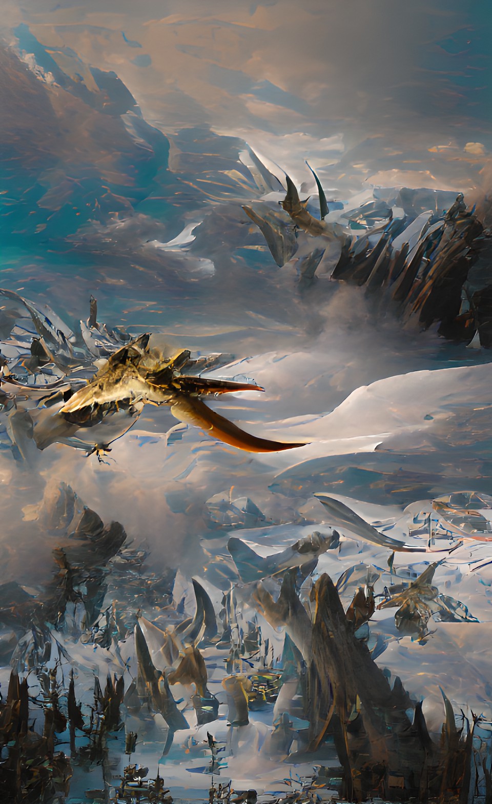 dragon flying over mountain of ice and snow with a lake and forest preview