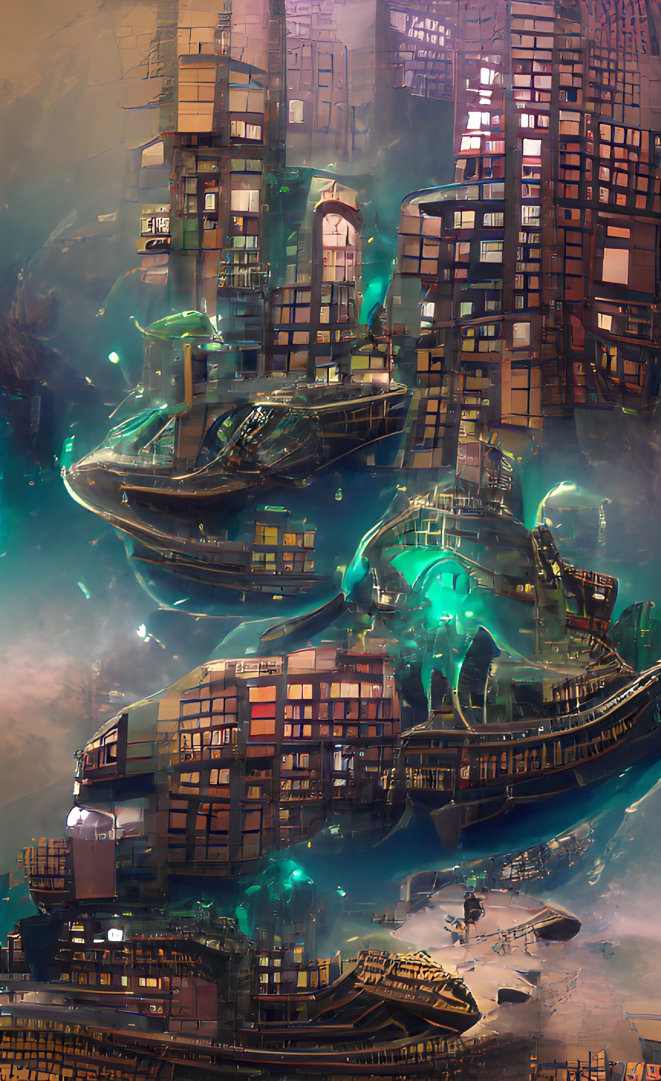 floating city in space with green and cyan lights and large lovecraft things preview