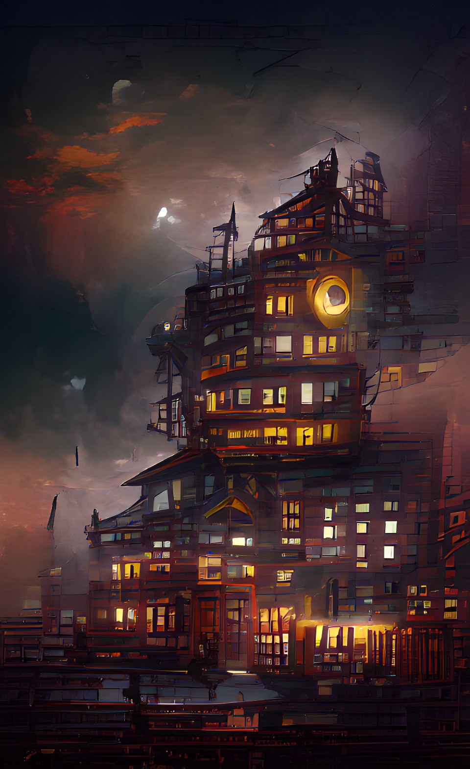 an eternal darkness with one single brightly lit building preview