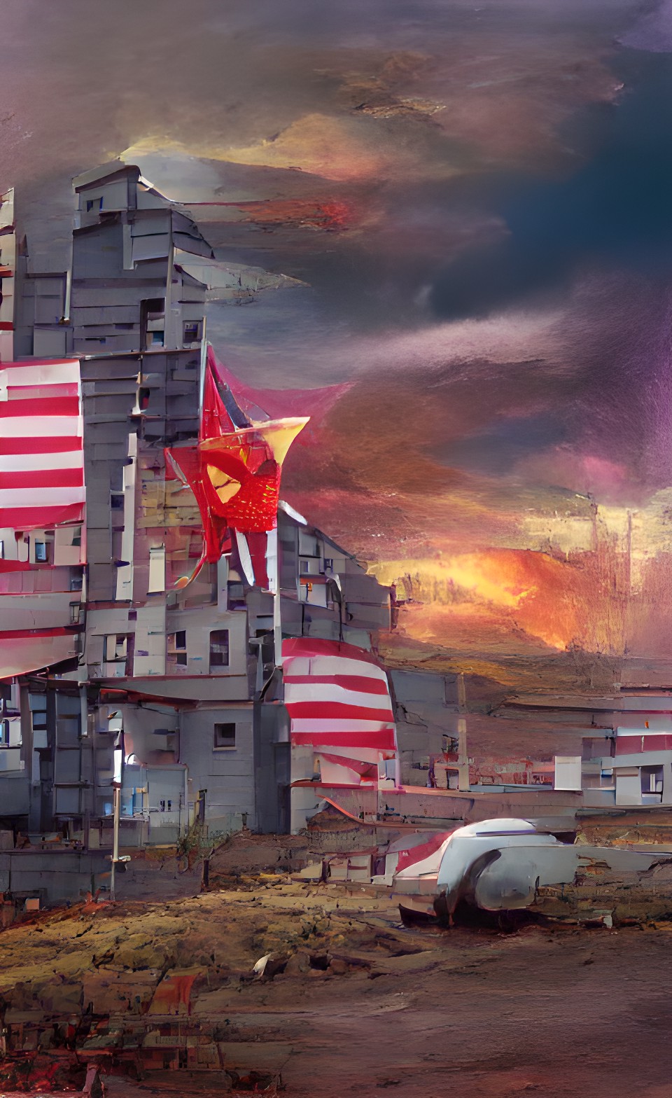 american flag and the soviet flag in front of a nuclear blast and a ruined city preview