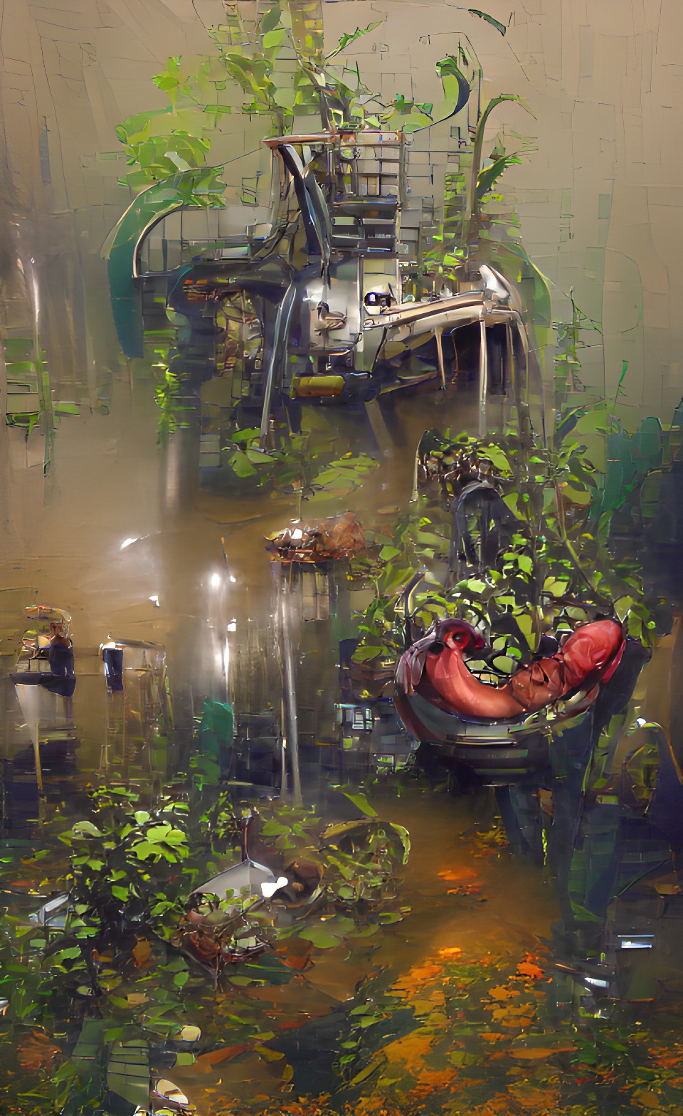 The dream lab - an overgrown and wet lab with a river running through if and alien bugs preview