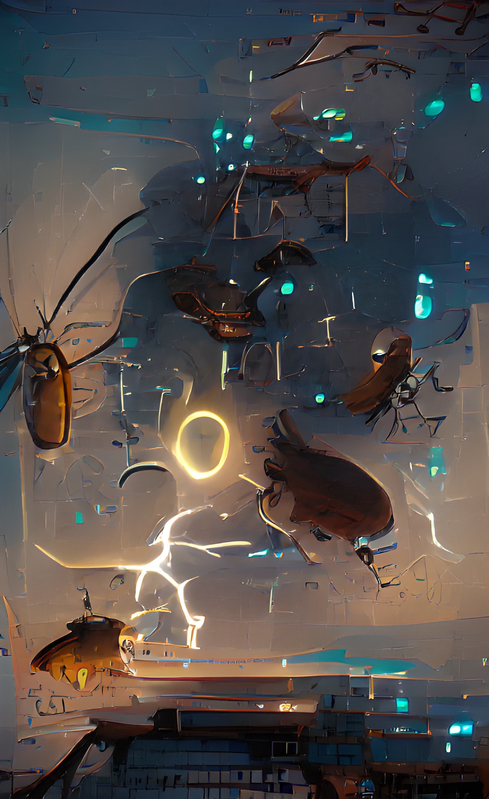 Dream lab - an upside lab with small glowing bugs and lots of lightning preview