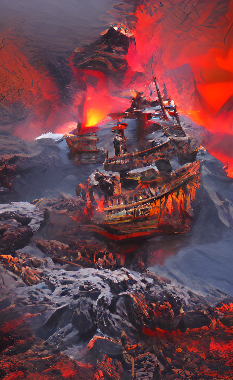 pirate ship sailing on a sea of lava with volcano and skull island preview