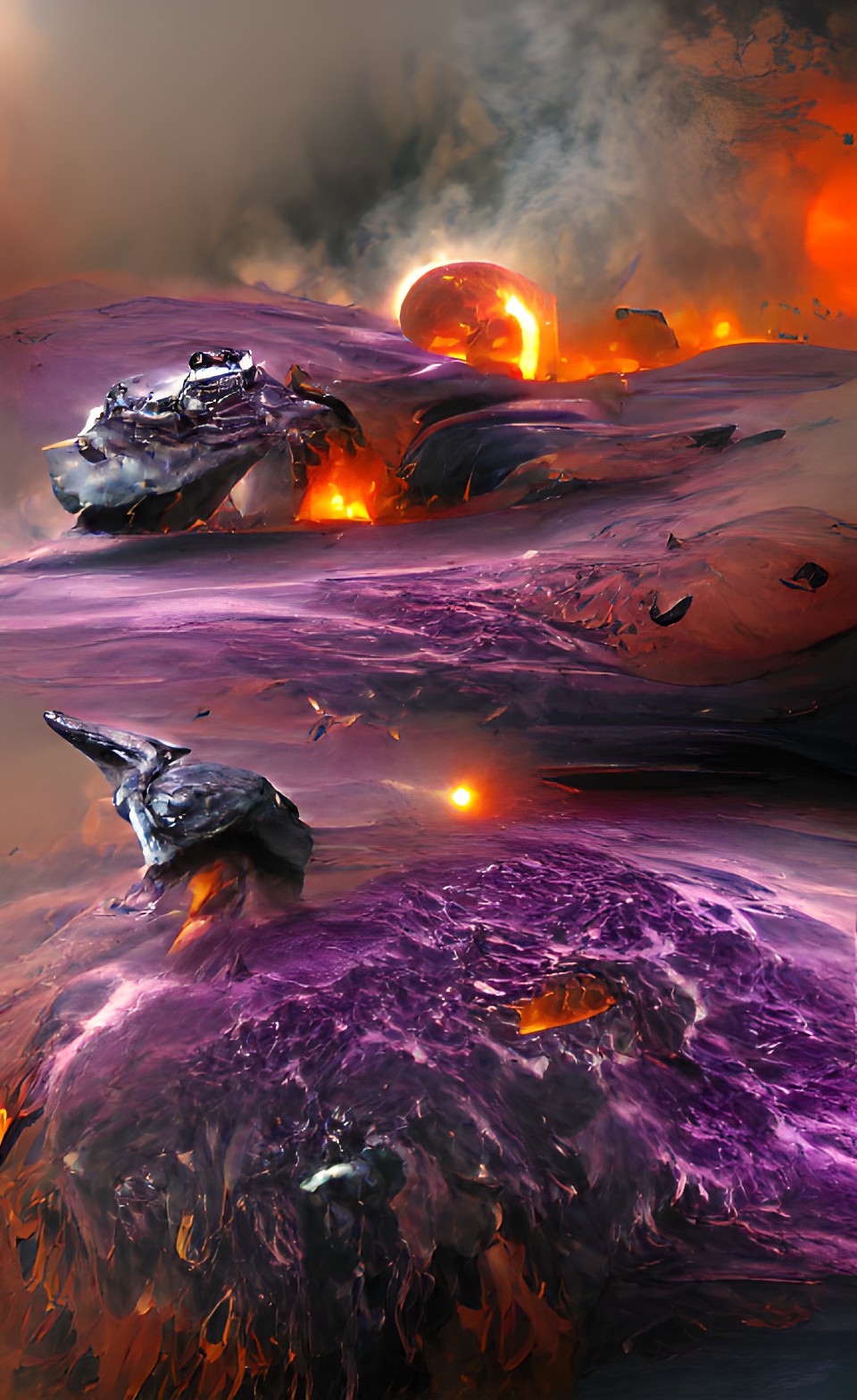 lava planet in space with purple spaceships fighting grey spaceships with stars preview