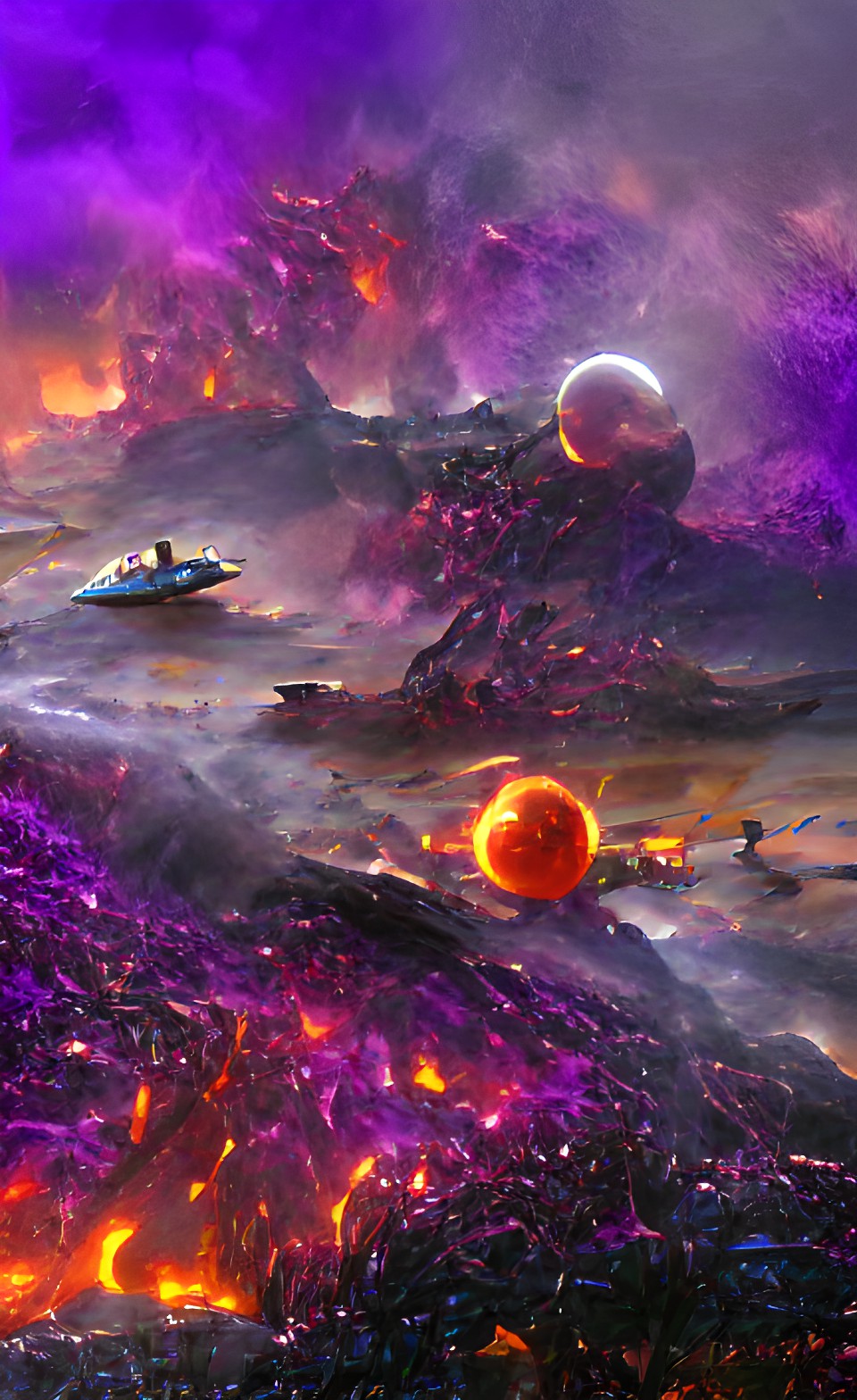 lava planet in space with purple spaceships fighting grey spaceships with stars preview