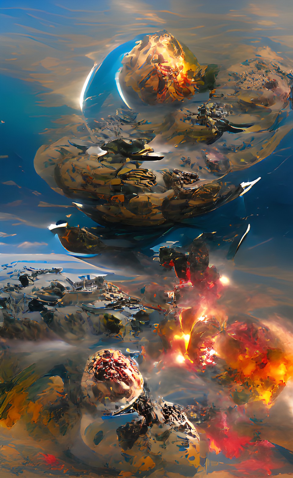 water rock planet in space with spaceships fighting spaceships with explosion preview