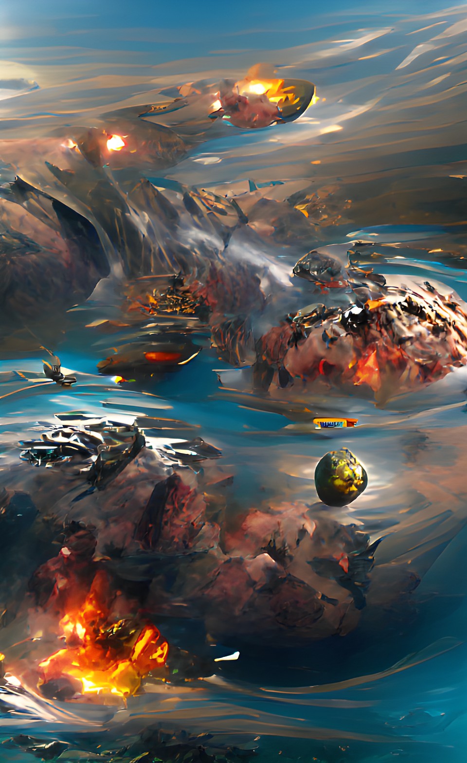 water rock planet in space with spaceships fighting spaceships with explosion preview