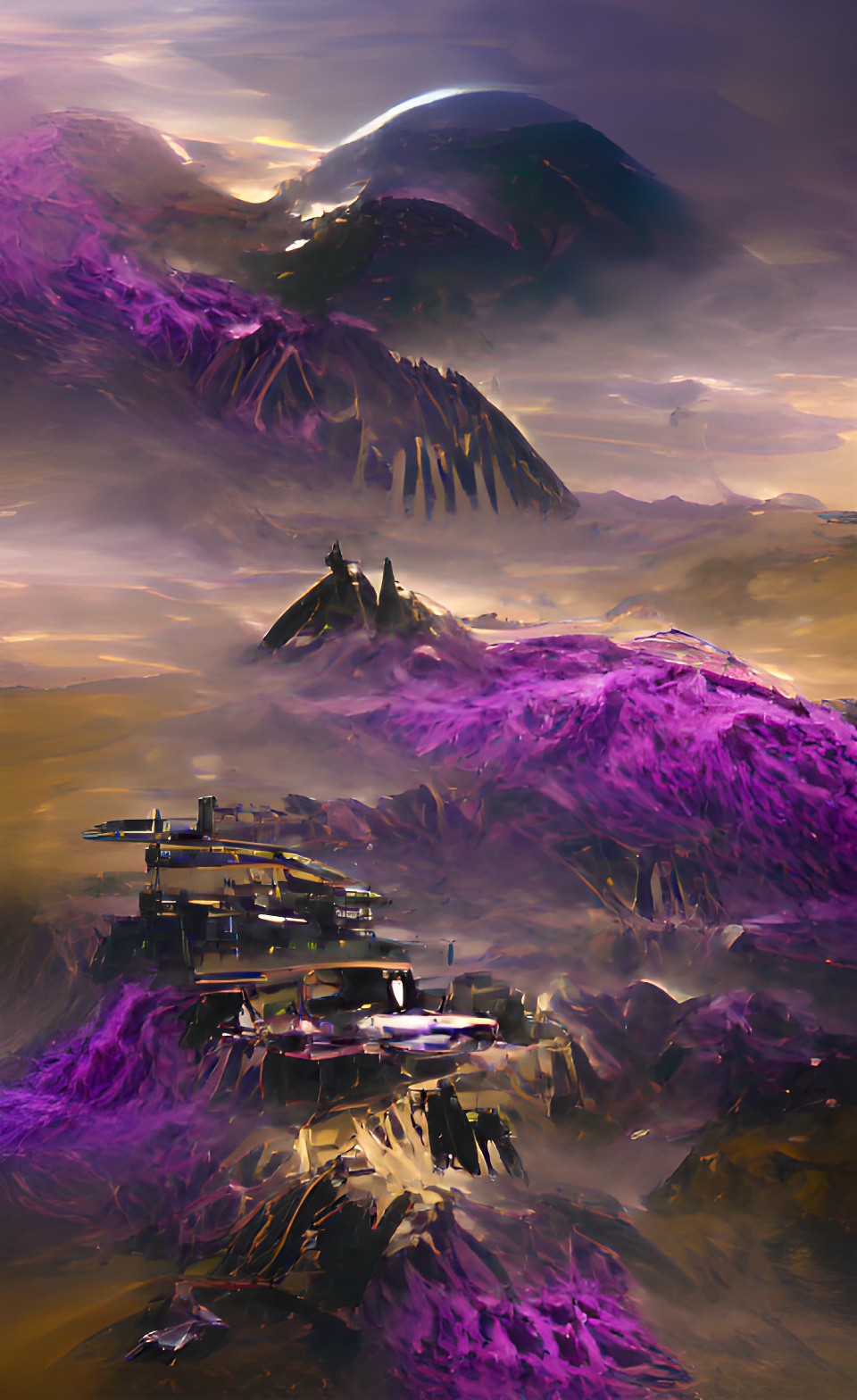 tall alien mountains with crashed purple spaceship black sky with solar system preview