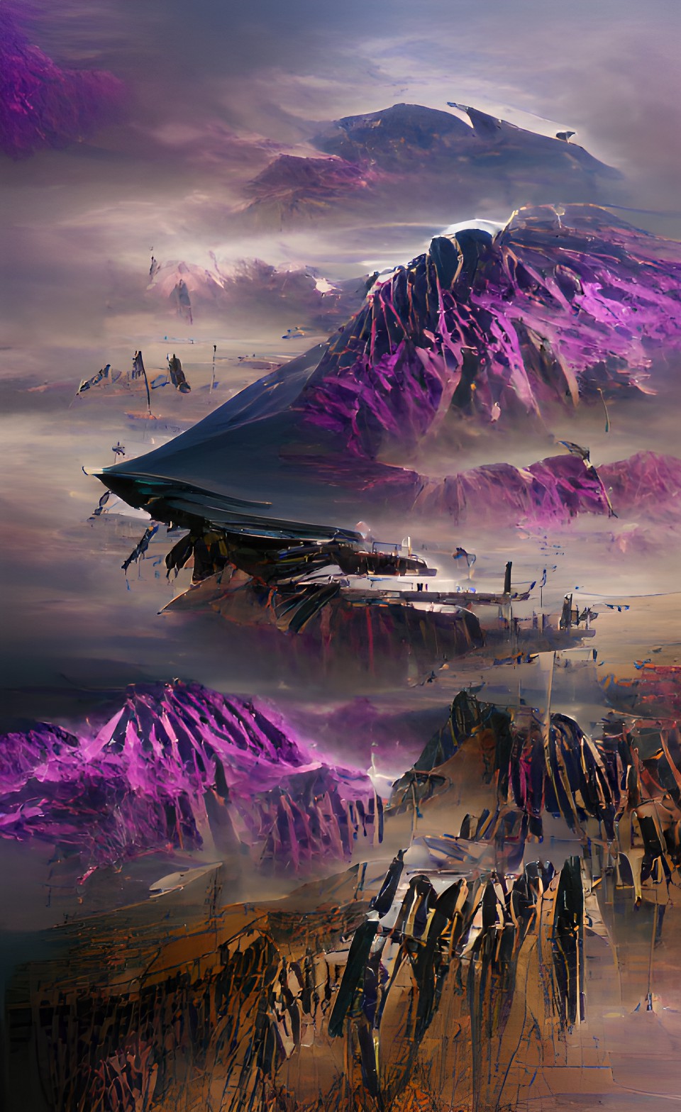 tall alien mountains with crashed purple spaceship black sky with solar syst preview