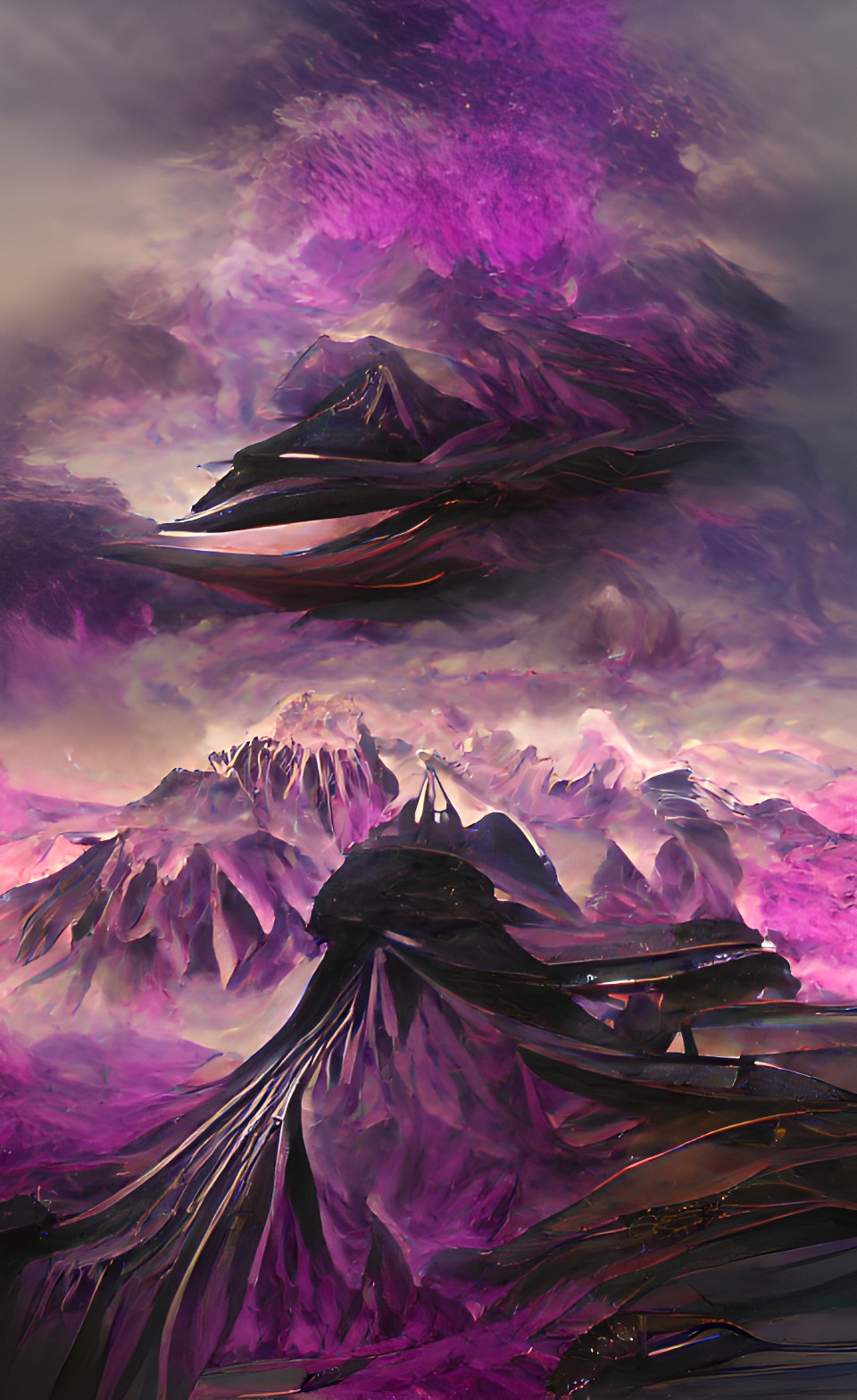 tall alien mountains with crashed purple spaceship black sky with solar syst preview