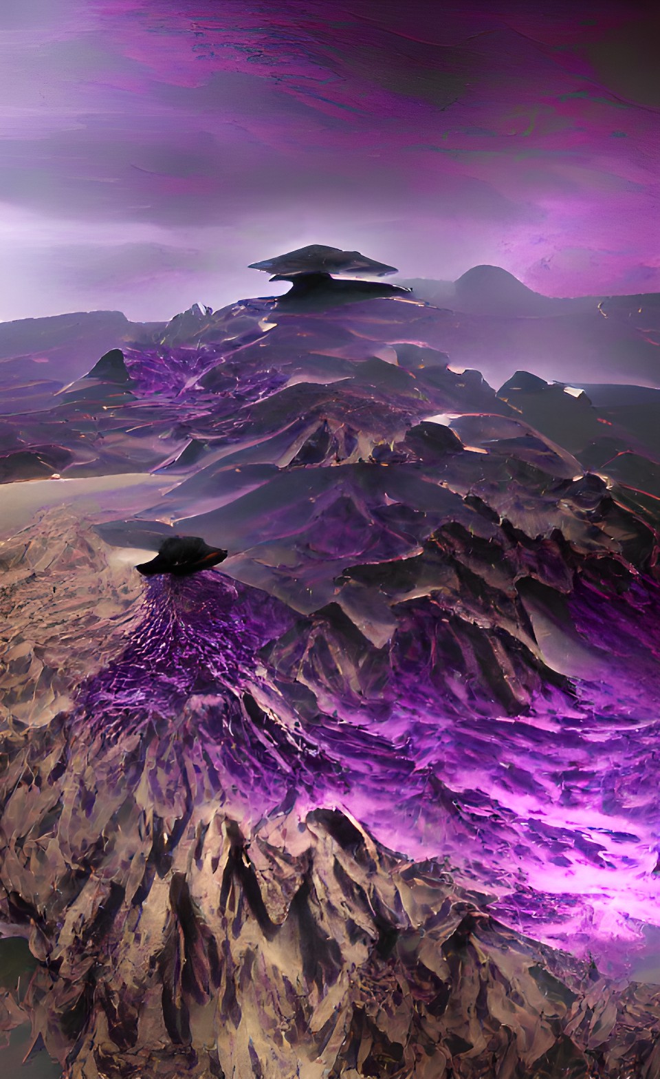 tall alien mountains with crashed purple spaceship black sky with solar syst preview