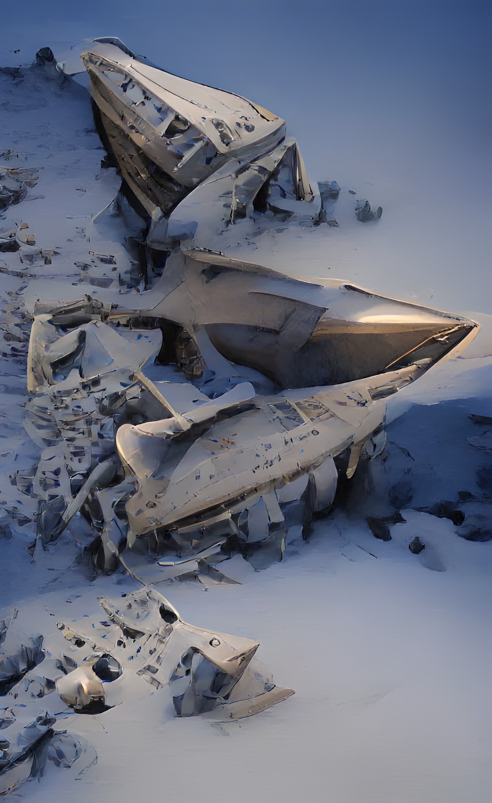 ancient triangular spaceship crashed in snow preview