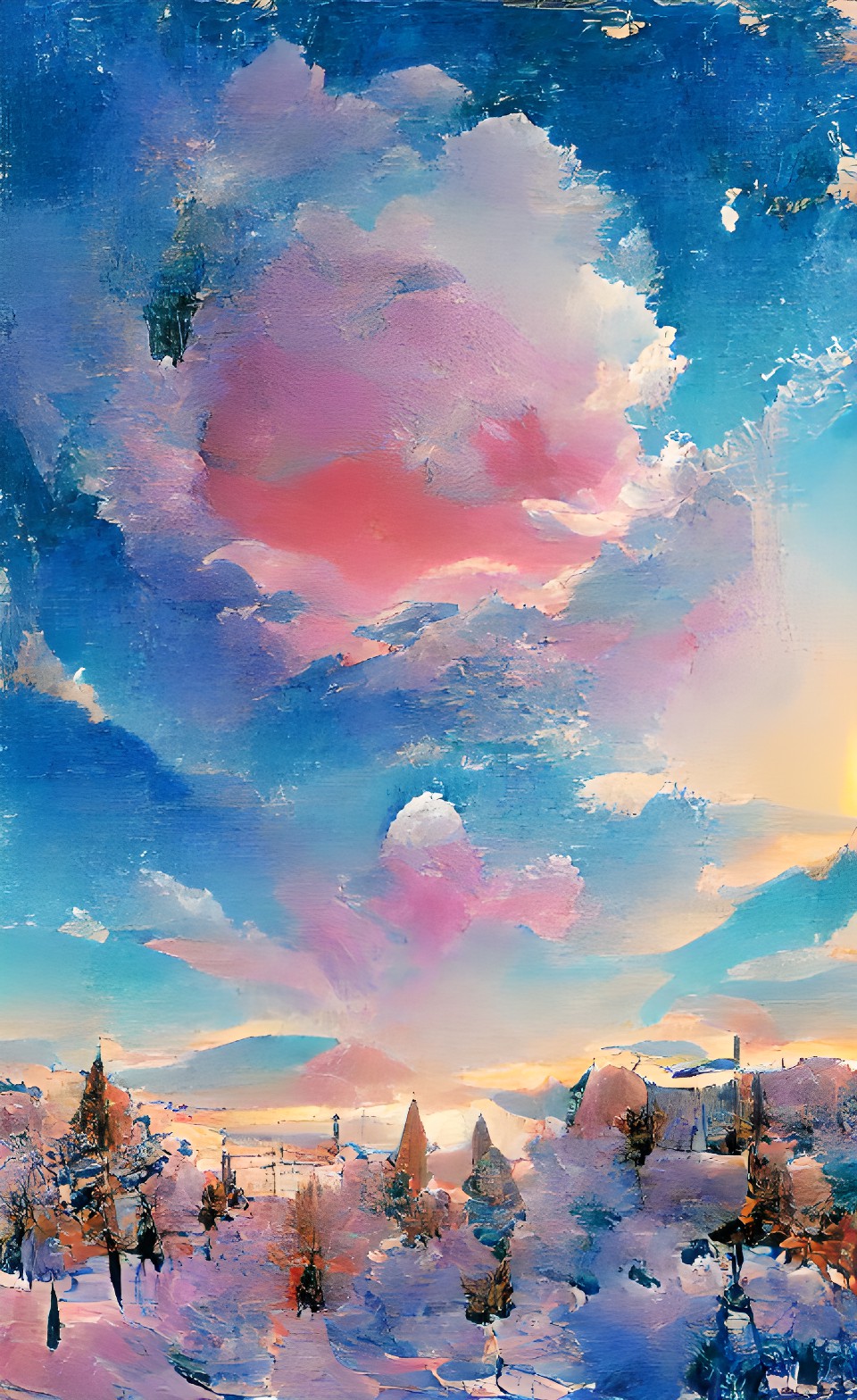 sky surrounded by forest of snow with setting sun preview