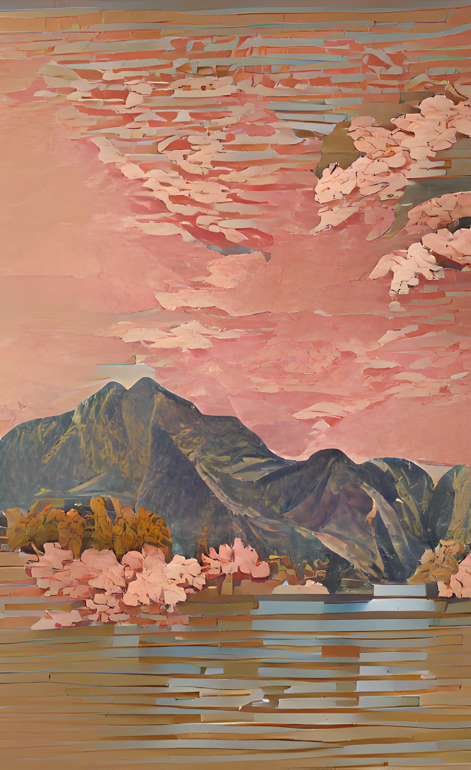 mountain range with lakes and pink trees preview