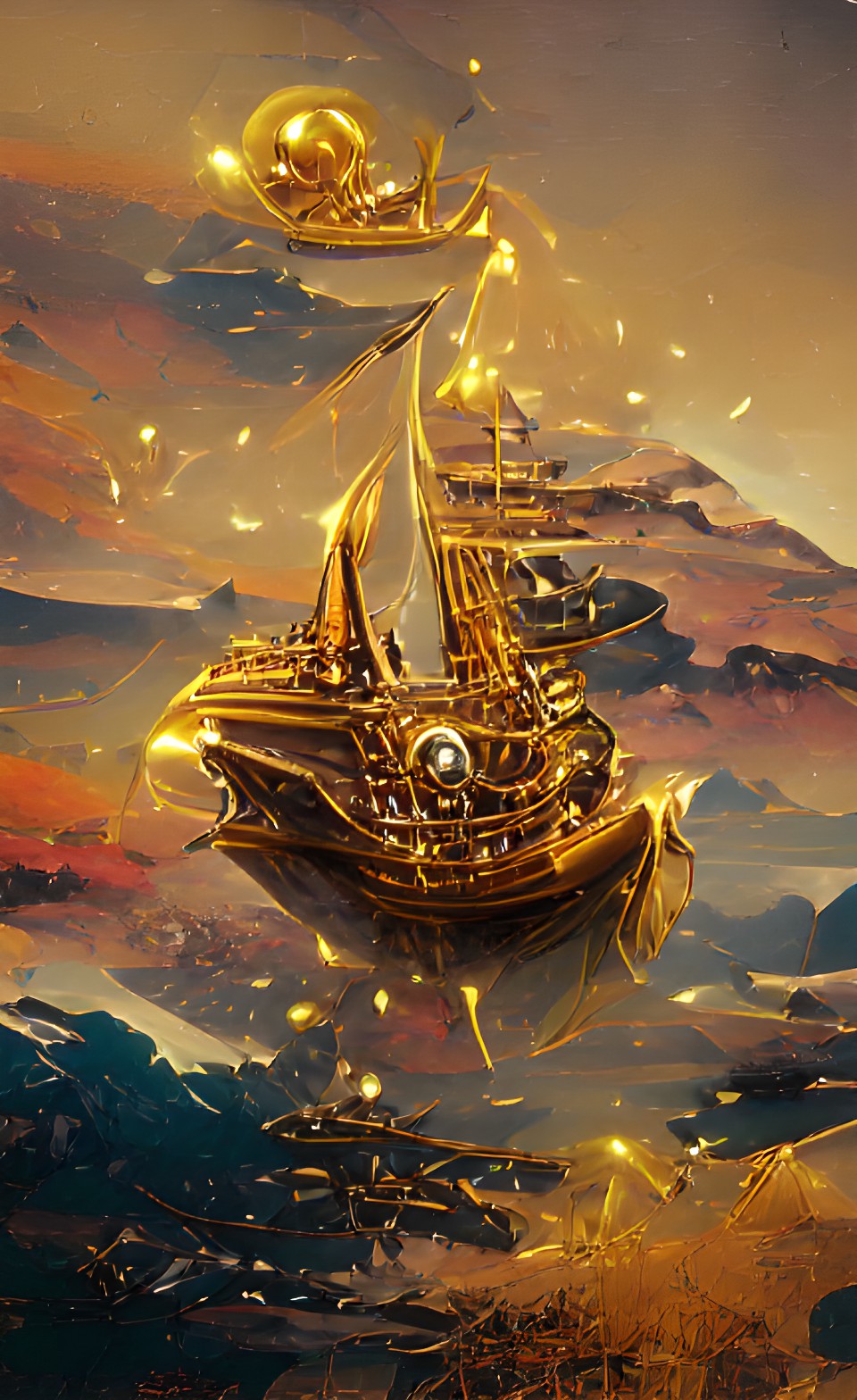 golden ship on black ocean preview